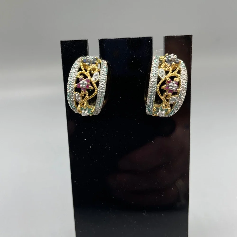 Two Tone Floral Filigree‎ J Hoop Earrings Multi Color CZ 925 Sterling Silver